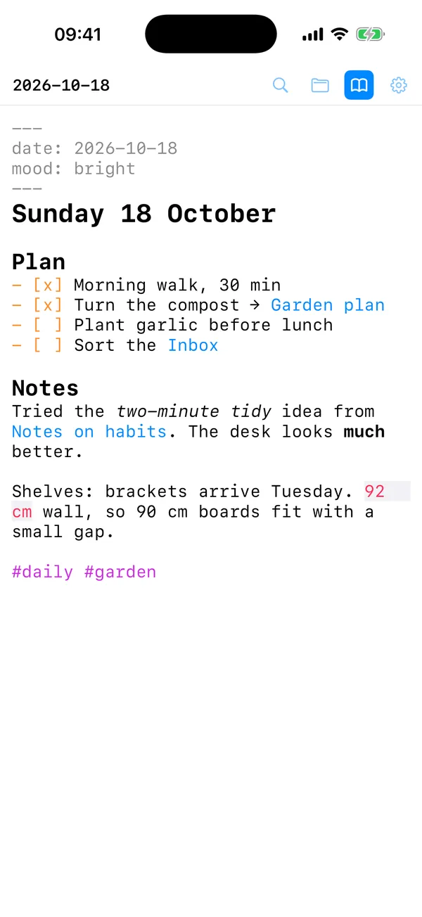 Markup mode, with checkboxes, tags and wikilinks.